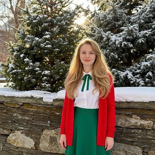 Woman in Festive Outfit Standing by Snowy Evergreen Trees with Holiday Lights