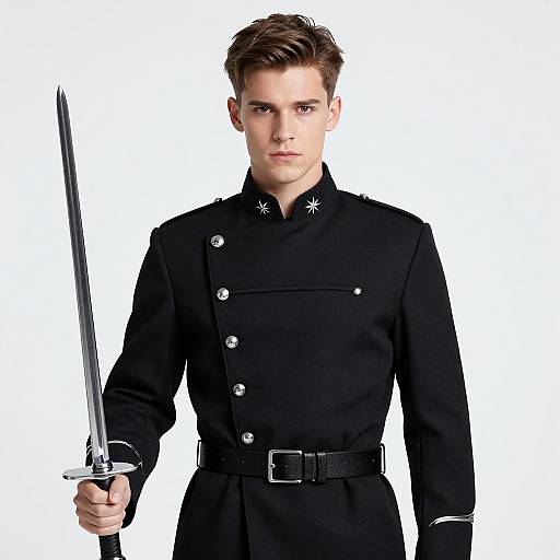 Young Man in Black Military Coat Holding Sword