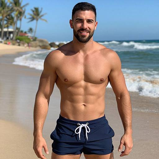 Fit Muscular Man on Tropical Beach Wearing Navy Swim Shorts