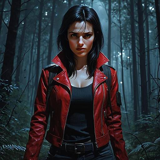 Confident Woman in Red Leather Jacket Standing in Misty Forest