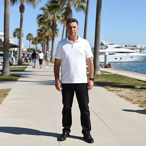 Middle-Aged Man Standing on Palm Tree Lined Marina Walkway