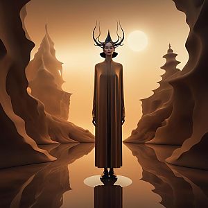 Solemn woman in a surreal landscape