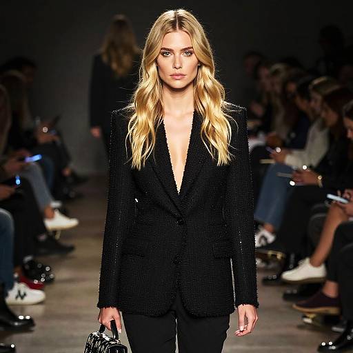 Blonde Woman in Black Blazer on Fashion Runway Carrying Handbag