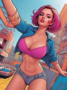 Confident Woman in Urban Setting with Pink Hair