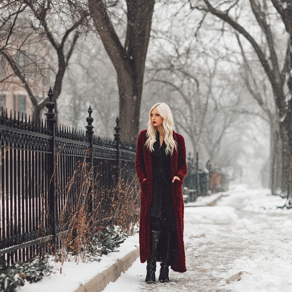 Blonde Woman in Red Cardigan on Snowy Sidewalk Blonde Woman in Red Cardigan on Snowy Sidewalk