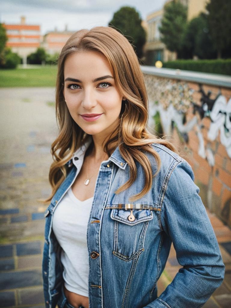 Confident Young Woman in Denim Jacket Outdoors