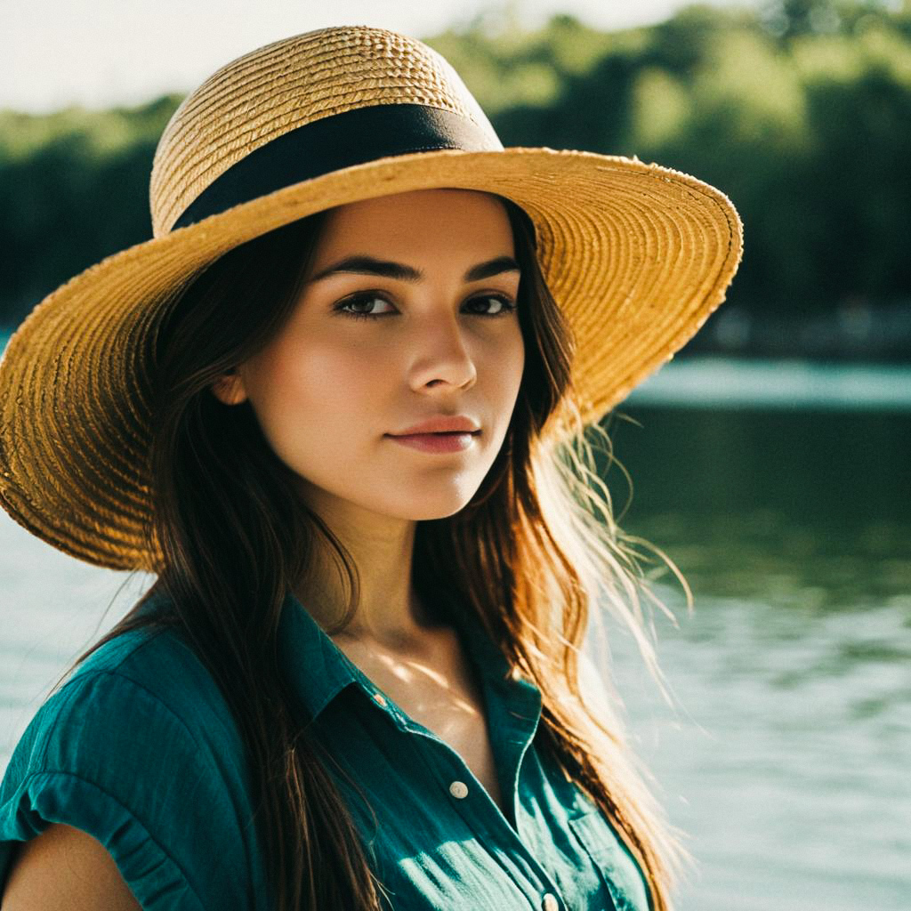 Young woman in straw hat by water