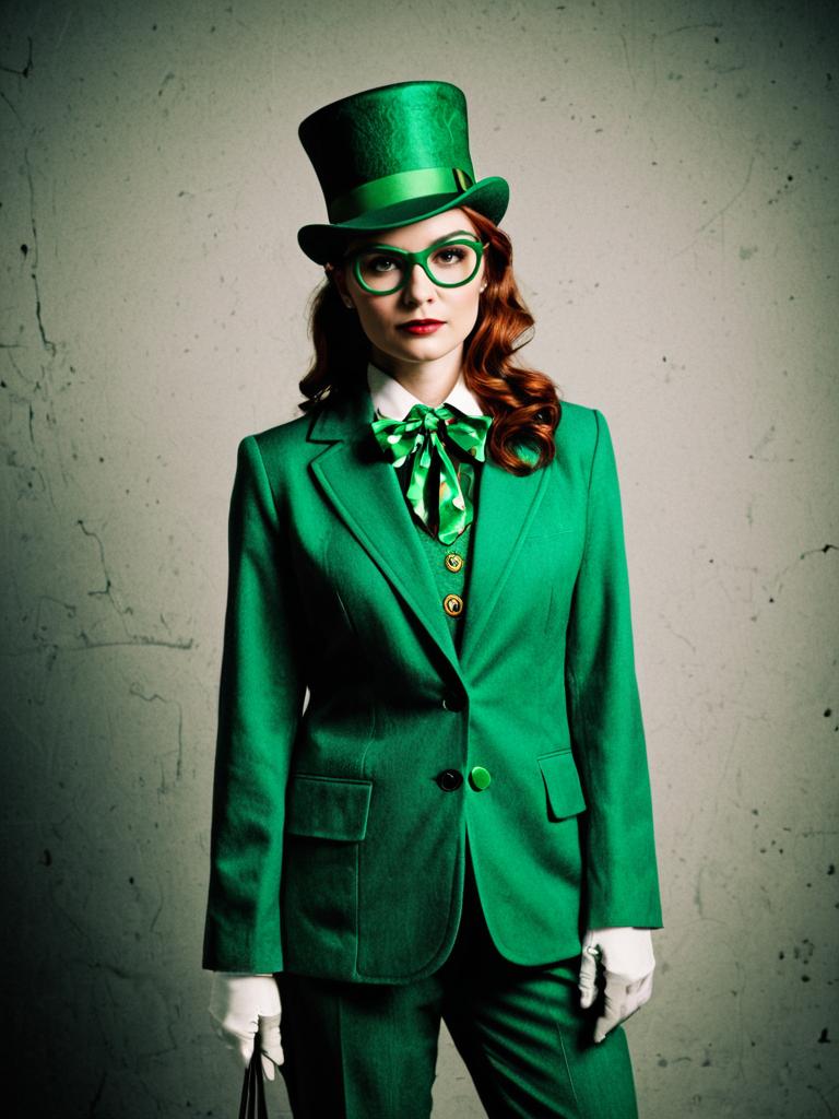 Female Riddler Costume Green Suit Top Hat Glasses