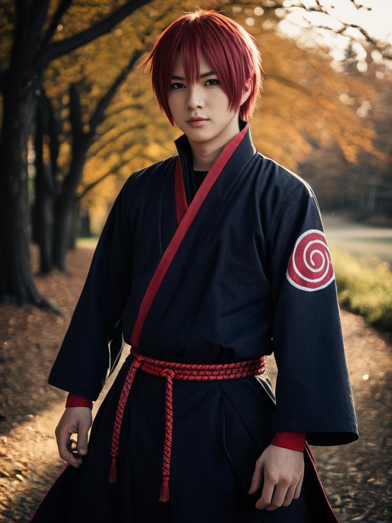 Man Cosplay Wearing Sasori Costume from Naruto Realistic Photo