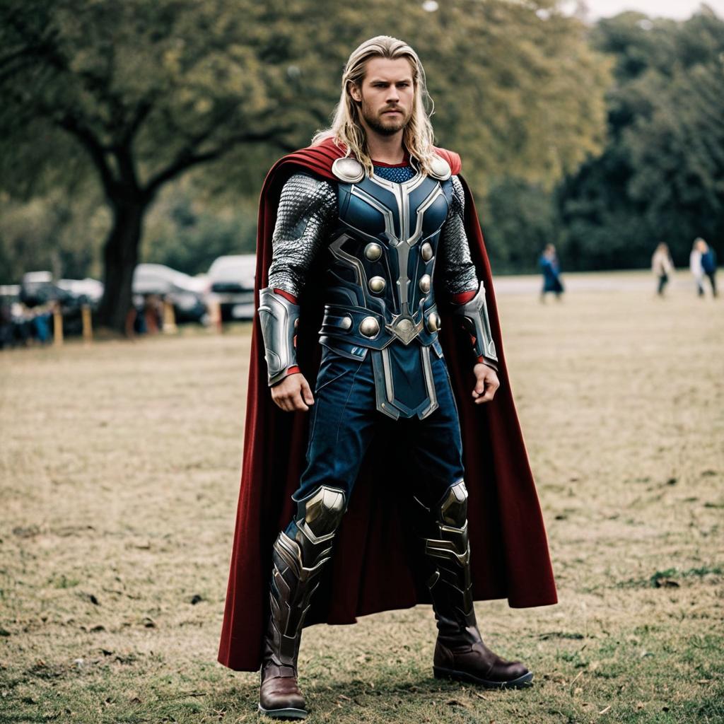 Man in Movie Quality Thor Costume Standing Outdoors in Armor