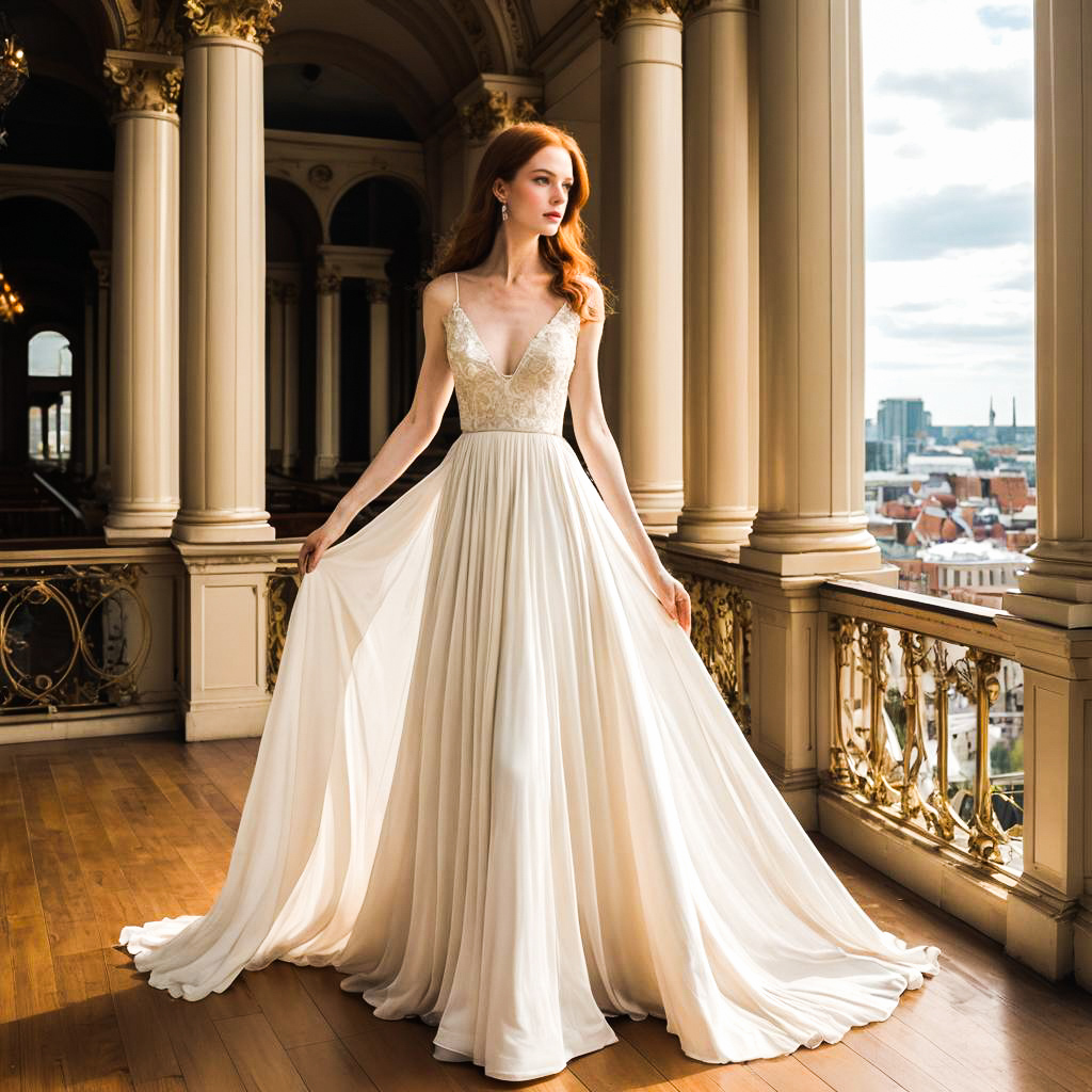 Elegant Woman in Flowing Gown in Adorned Interior