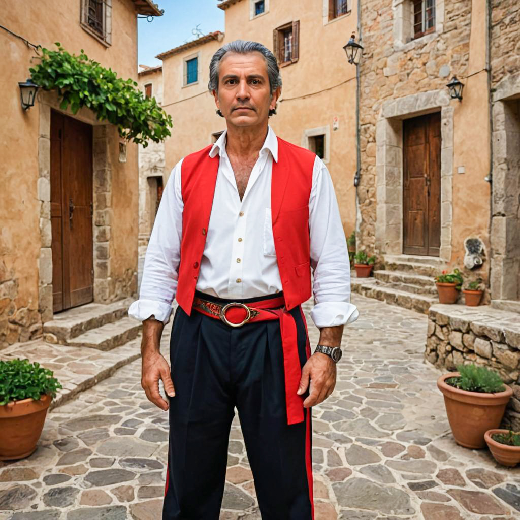 Man in Vibrant Traditional Attire on Cobblestone Street