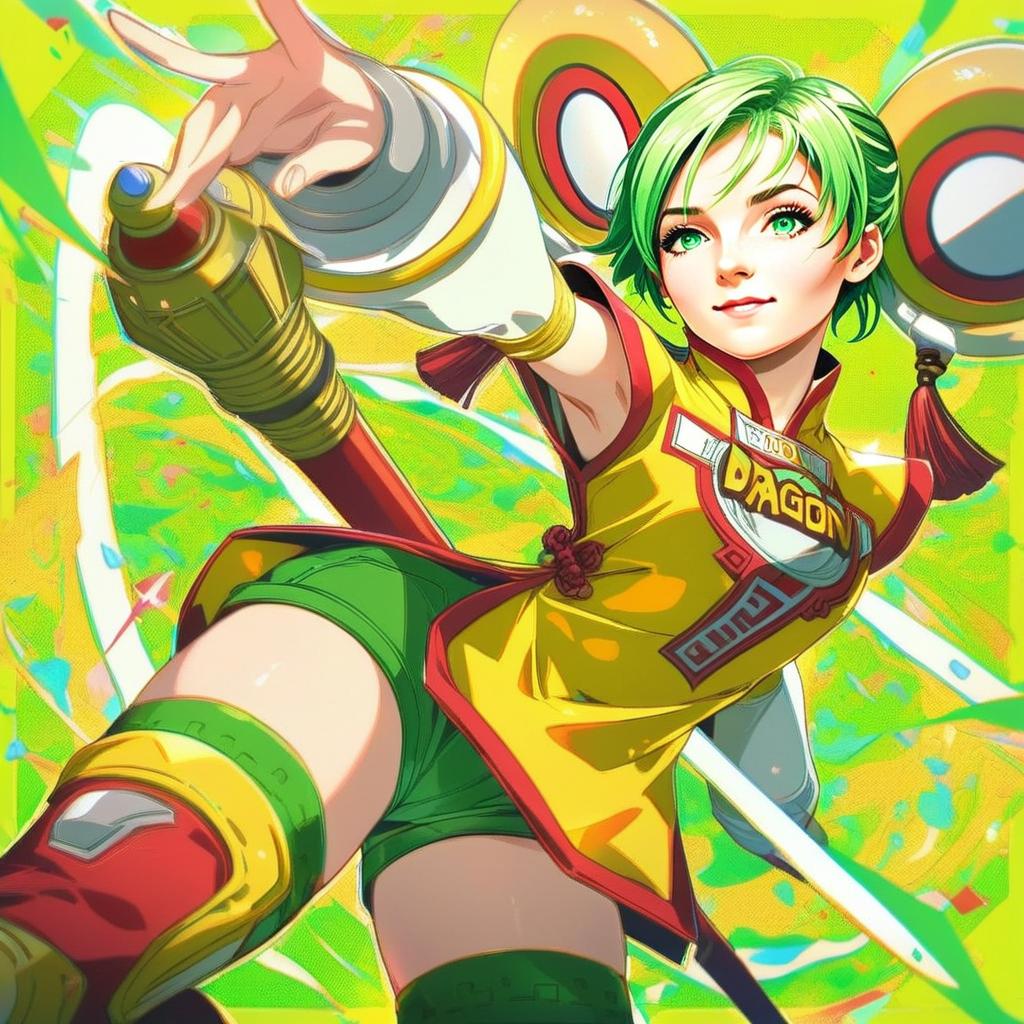 Dragon Kid Vibrant Digital Illustration of Futuristic Woman with Weapon