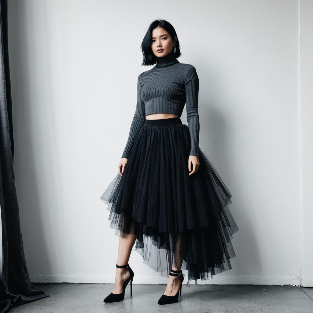 Fashionable Woman in Grey Crop Top and Black Tulle Skirt Wearing High Heels