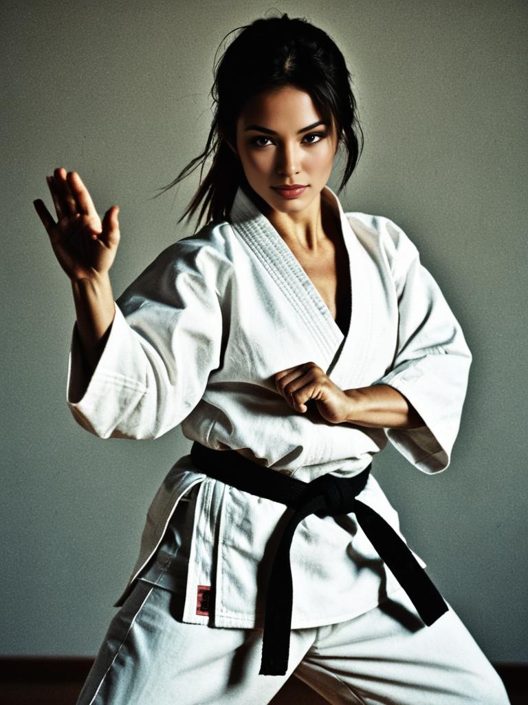 Woman Practicing Martial Arts in Traditional Gi with Black Belt