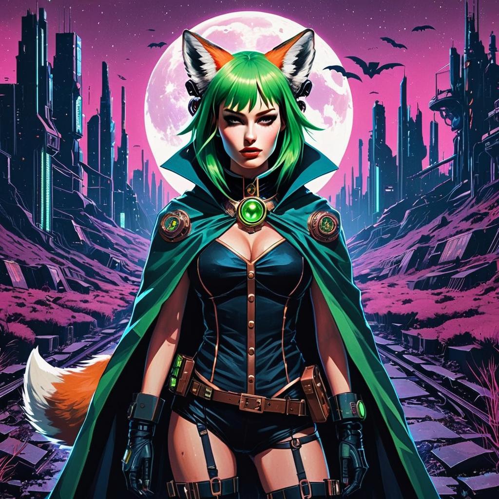 Futuristic Fox-Eared Woman in Cyberpunk Cityscape with Full Moon