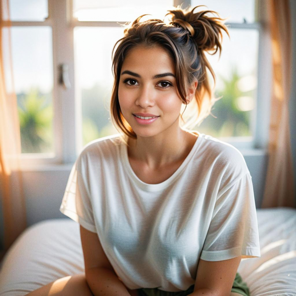 Young Woman on Bed with Friendly Smile