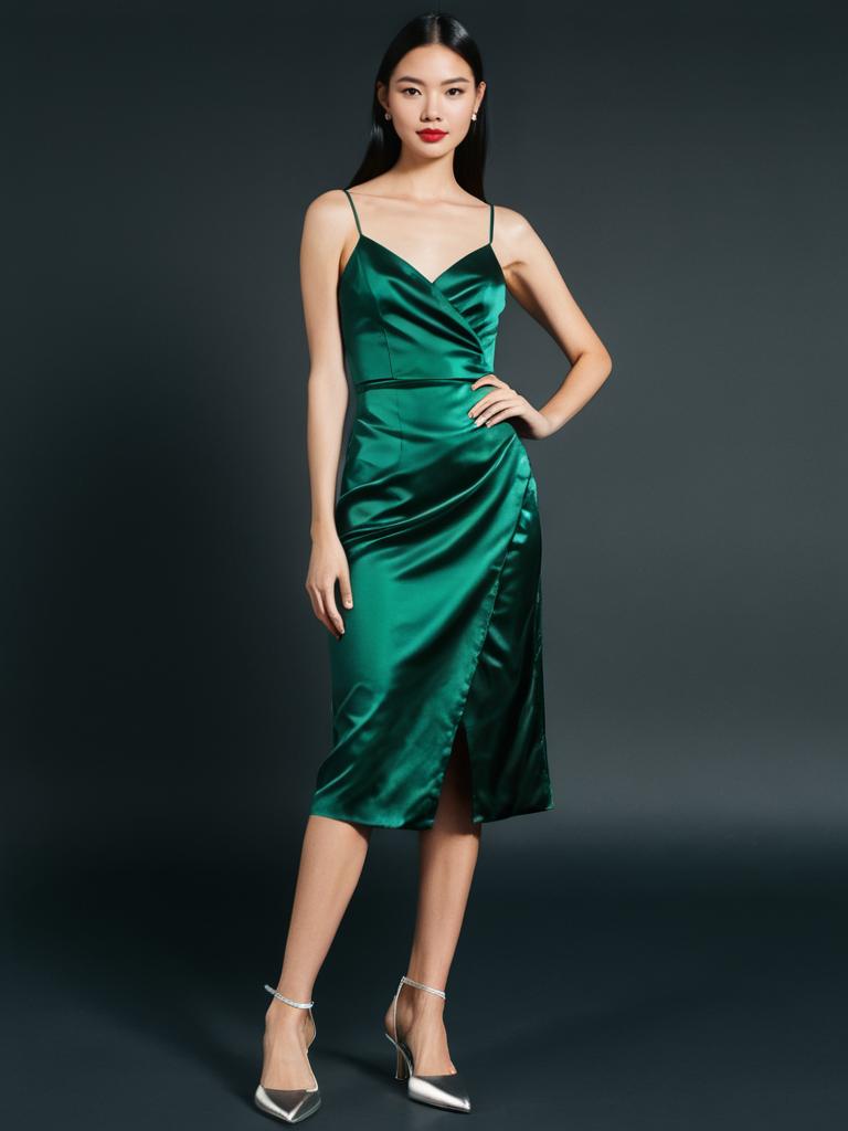 Elegant Woman in Emerald Green Satin Wrap Dress with Front Slit