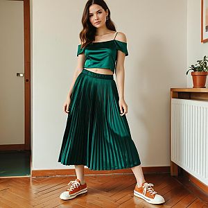 Young Woman in Emerald Green Satin Crop Top and Pleated Skirt with Sneakers
