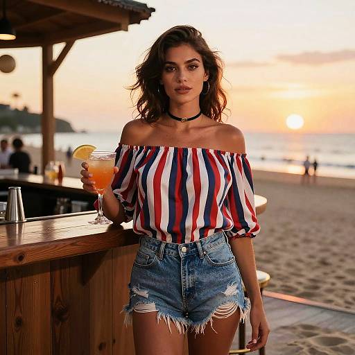 Petite Woman in Casual Chic Off-the-Shoulder Blouse with Red, White, and Blue Stripes at Beach Bar