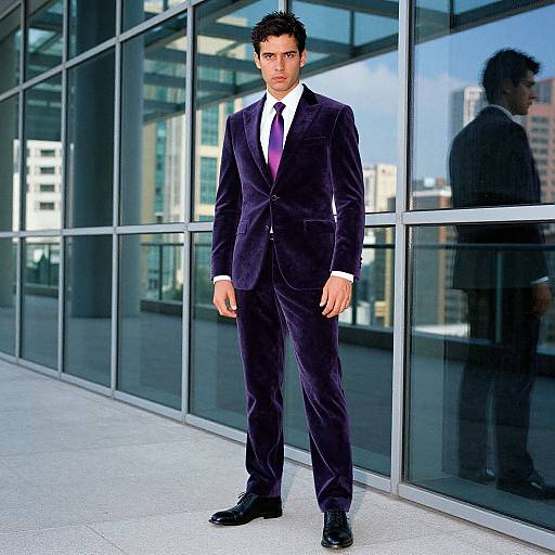 Man in Deep Purple Velvet Suit Posed Against Modern Glass Building