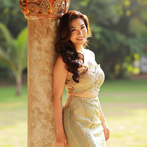 Elegant Woman in Traditional Golden Dress Outdoors by Stone Pillar