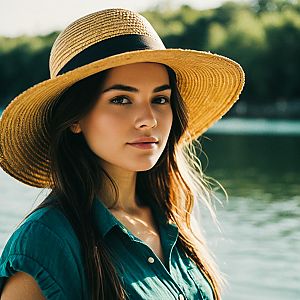 Young woman in straw hat by water