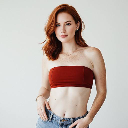 Confident Red-Haired Woman in Rust Bandeau Top and Blue Jeans