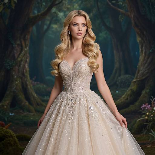 Elegant Woman in Sparkling Ball Gown in Enchanted Forest