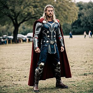 Man in Movie Quality Thor Costume Standing Outdoors in Armor