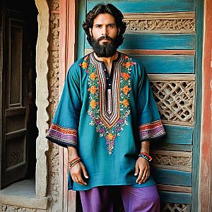 Bearded Man in Teal Kurta and Purple Trousers Against Rustic Backdrop
