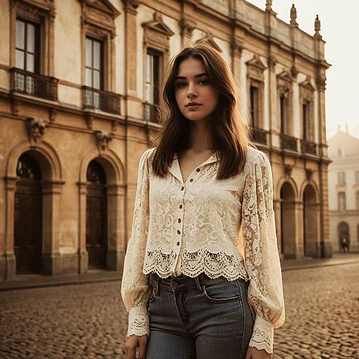 Young Woman Posing in Lace Blouse with Historic Architecture Background