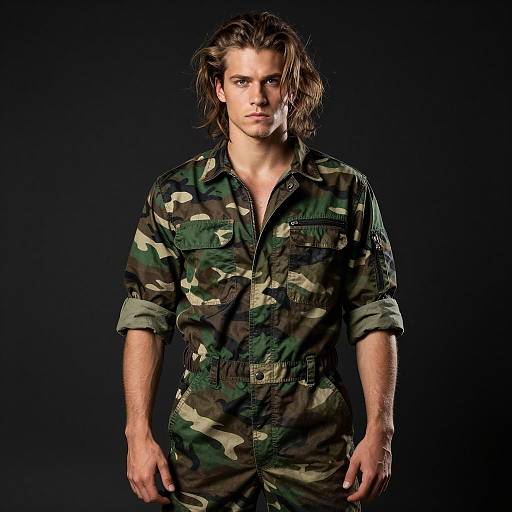 Confident Young Man Wearing Camouflage Military Jumpsuit