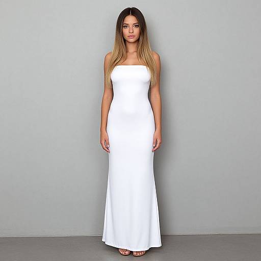 Young Woman Wearing Elegant Strapless White Gown on Gray Background