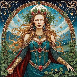 Regal Woman in Blue Gown with Celestial Background