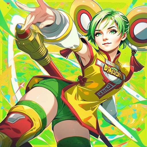 Dragon Kid Vibrant Digital Illustration of Futuristic Woman with Weapon