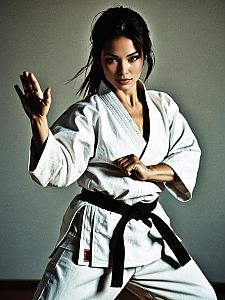 Woman Practicing Martial Arts in Traditional Gi with Black Belt