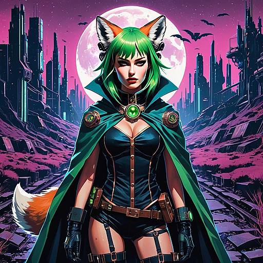 Futuristic Fox-Eared Woman in Cyberpunk Cityscape with Full Moon