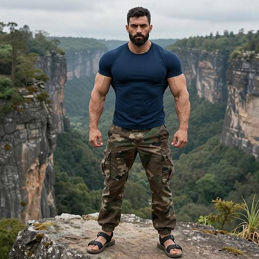 Muscular Man in Navy T-Shirt and Camouflage Pants Standing on Cliff Edge in Nature