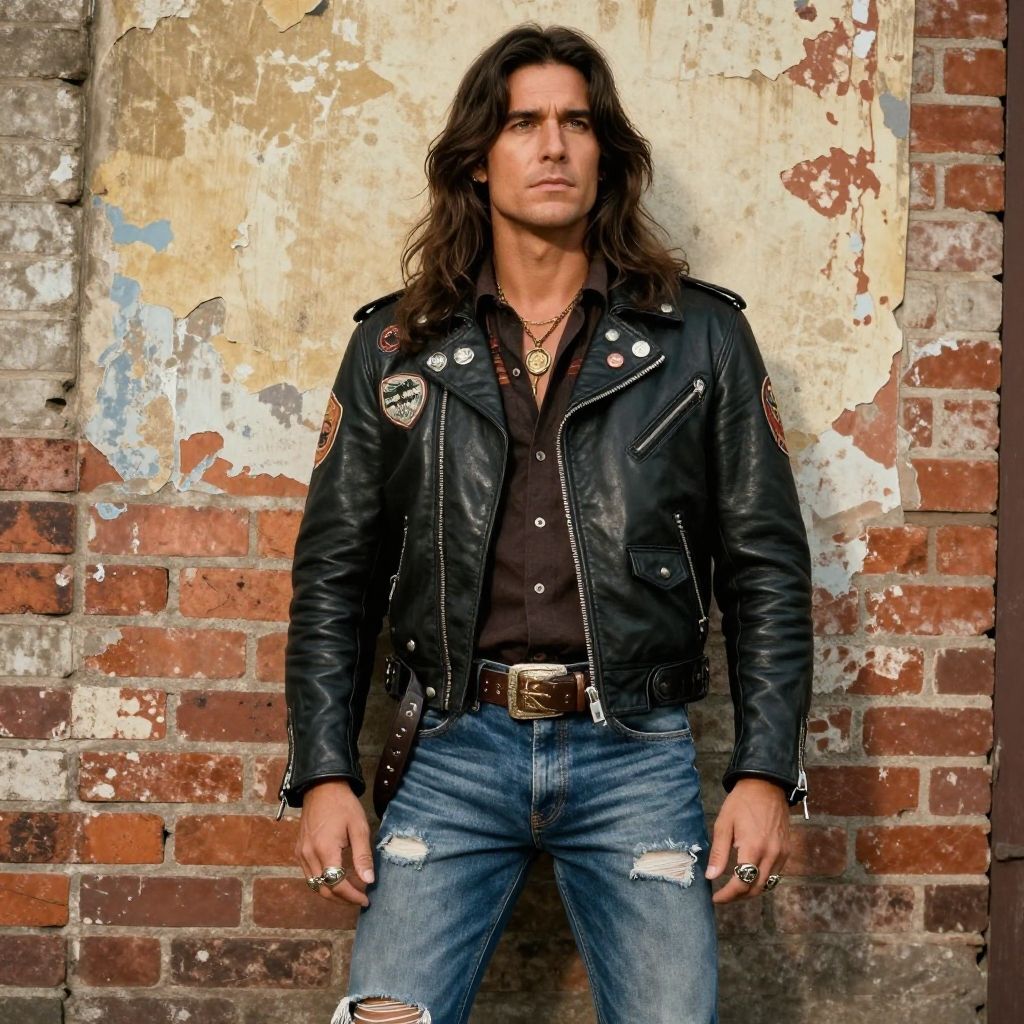 Vintage Biker Style Man in Leather Jacket and Ripped Jeans Against Rustic Wall