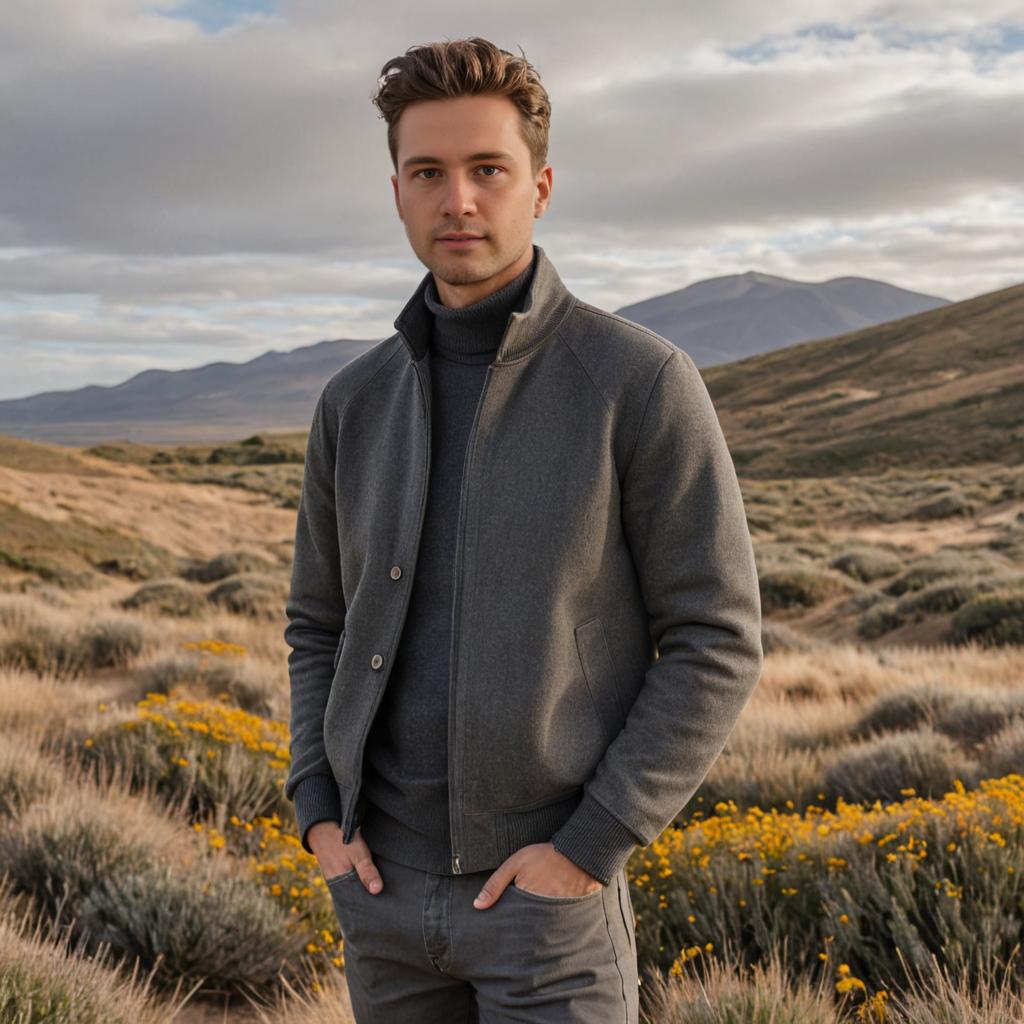 Confident Man in Stylish Jacket Amidst Scenic Landscape