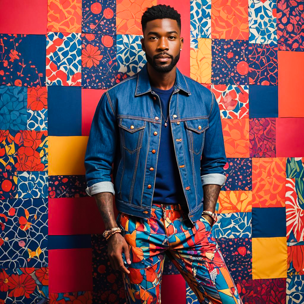 Stylish Man in Denim Jacket and Colorful Trousers