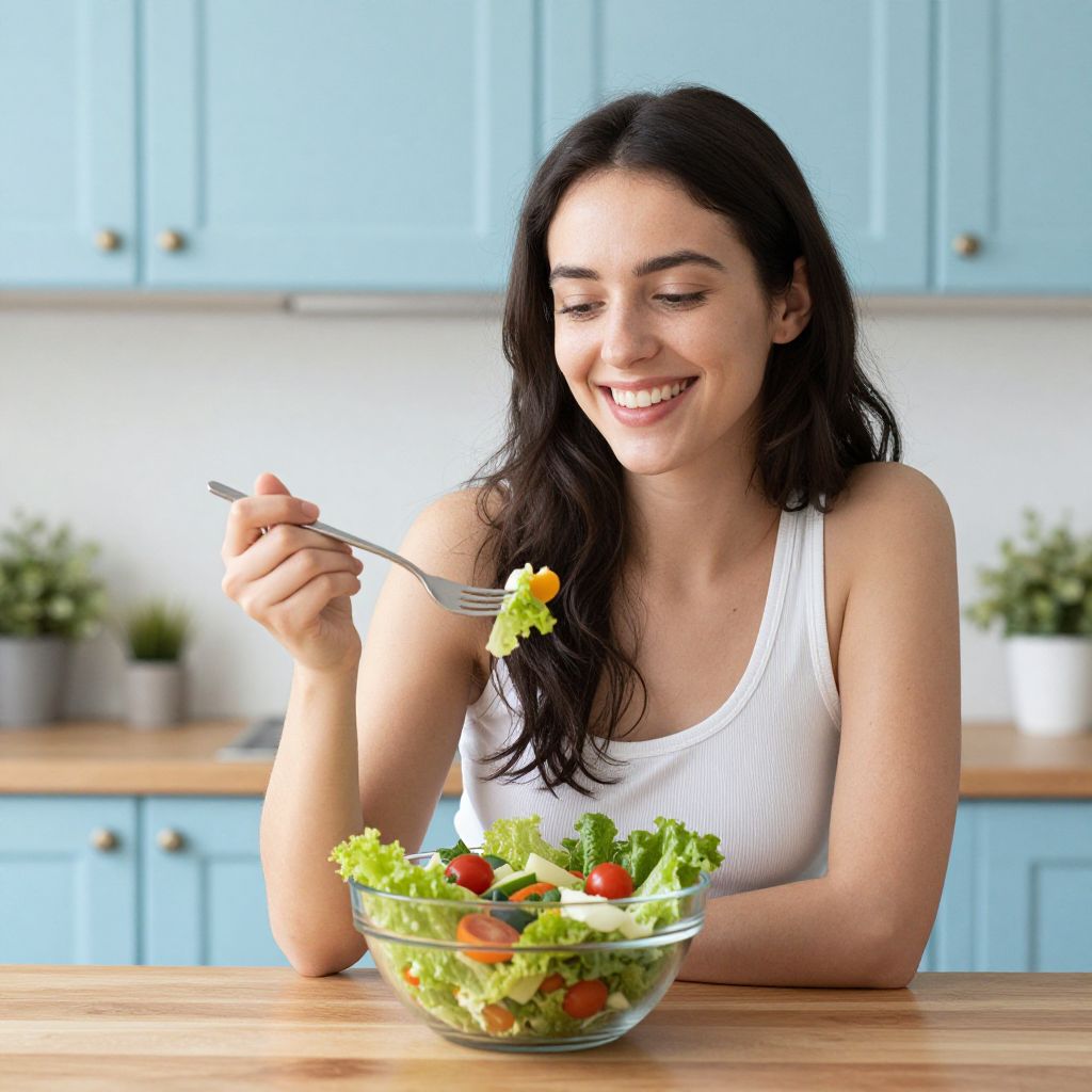 Young Woman Enjoying Fresh Vegetable Salad in Modern Kitchen