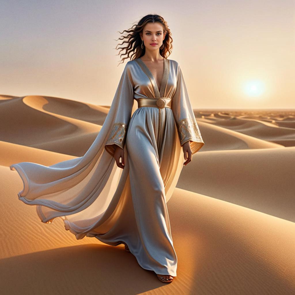 Elegant Woman in Flowing Gown at Sunset in Desert