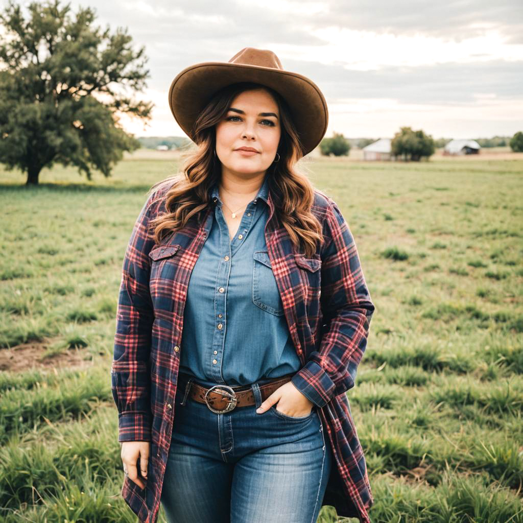 Confident Woman in Field with Plaid Shirt and Hat