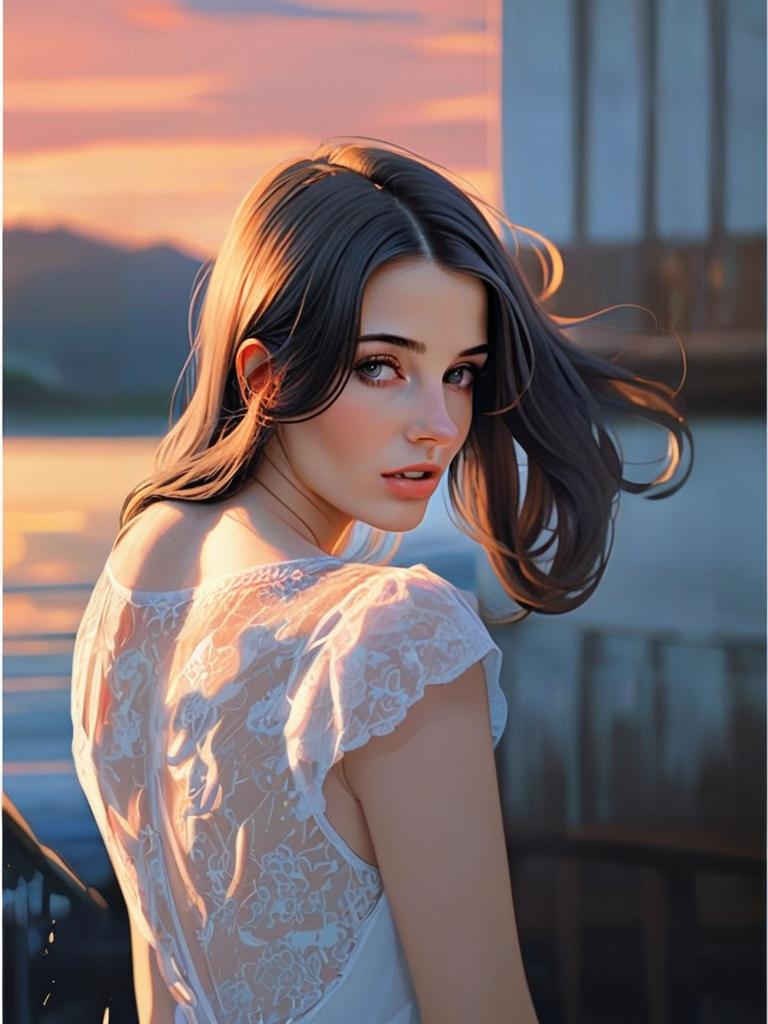 Young Woman in White Lace Dress at Sunset by the Water