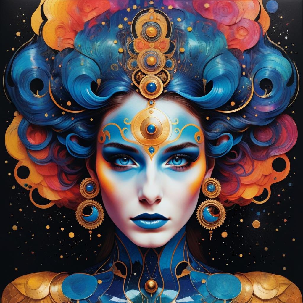 Futuristic Fantasy Portrait of Woman in Blue and Orange Headwear Futuristic Fantasy Portrait of Woman in Blue and Orange Headwear