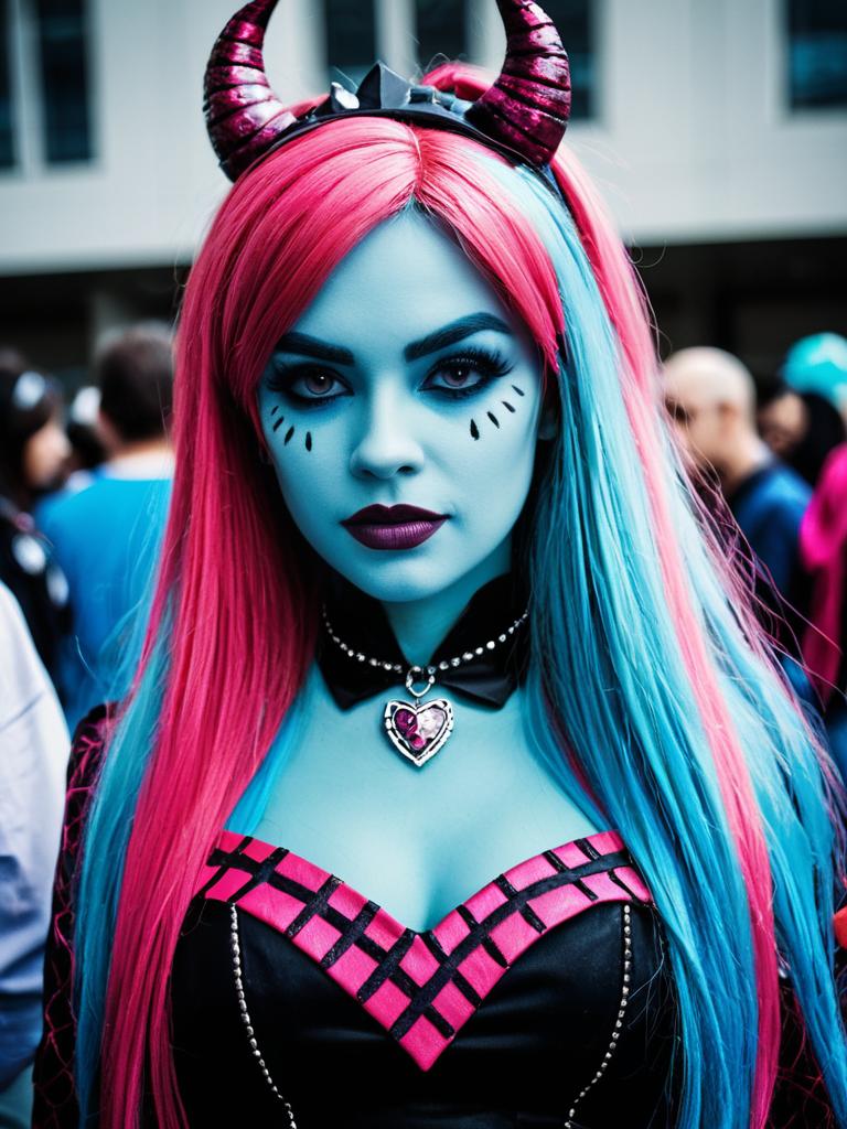 Woman in Monster High Costume with Pink and Blue Hair at Cosplay Festival