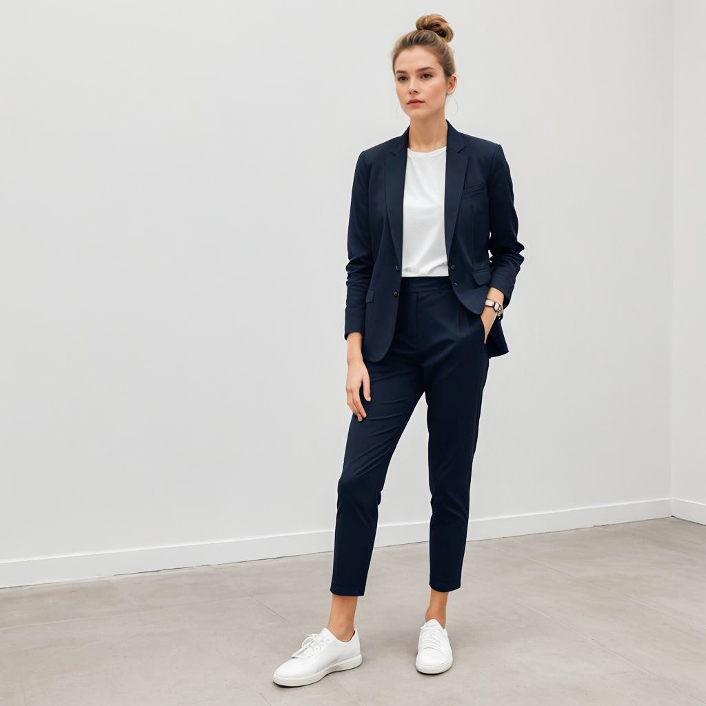 Confident Woman in Navy Suit with Sneakers