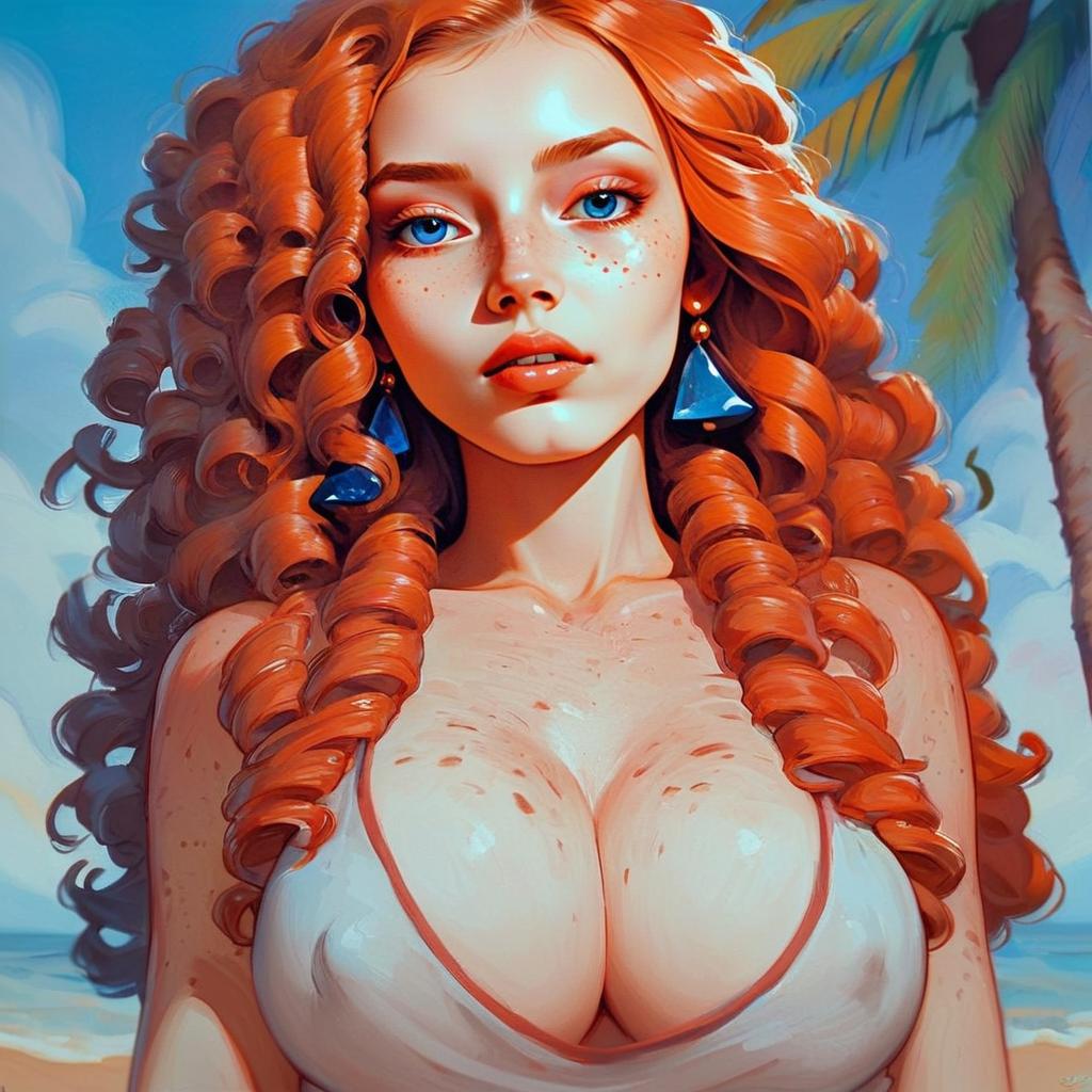 Woman with Red Hair and Blue Eyes on Tropical Beach